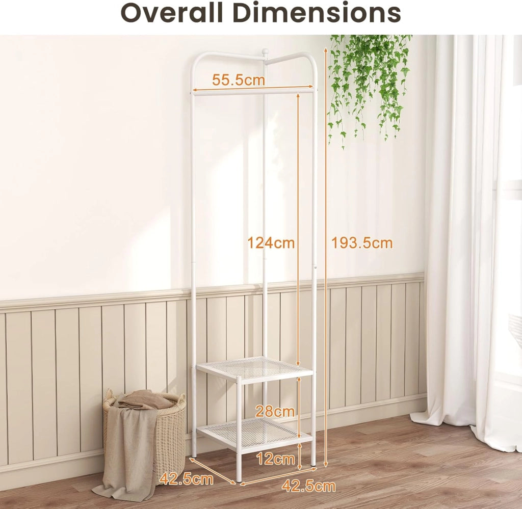 Appendiabiti Salvaspazio, Bastone Appendiabiti con Scaffale Scarpe a 2 Piani, con Protezione Antiribaltamento e Piedini Antiscivolo, Stand Appendiabiti per Ingresso e Camera da Letto (Bianco)