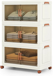 Contenitore di Archiviazione in Plastica, Organizzatore Impilabile con Coperchi e Porte, 4 Ruote, Scatole Organizzatore Pieghevoli per Soggiorno, Camera da Letto (68,5 x 37,5 x 107 cm)
