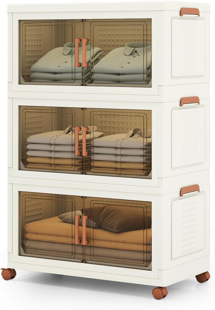 Contenitore di Archiviazione in Plastica, Organizzatore Impilabile con Coperchi e Porte, 4 Ruote, Scatole Organizzatore Pieghevoli per Soggiorno, Camera da Letto (68,5 x 37,5 x 107 cm)