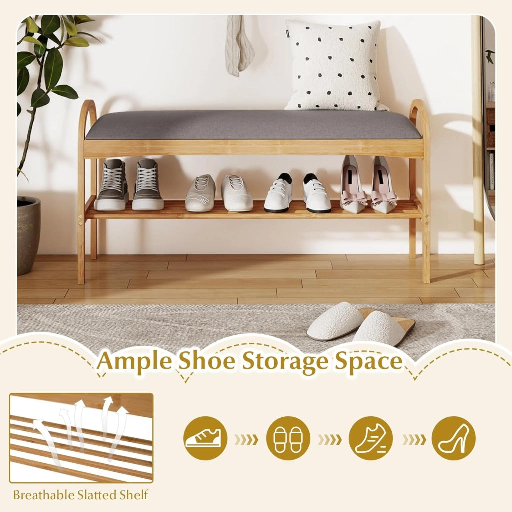 Panca scarpiera in bambù, seduta imbottita e scaffale aperto a doghe, organizer per scarpe, 100,5 x 31 x 51 cm, panca per ingresso, corridoio, camera da letto