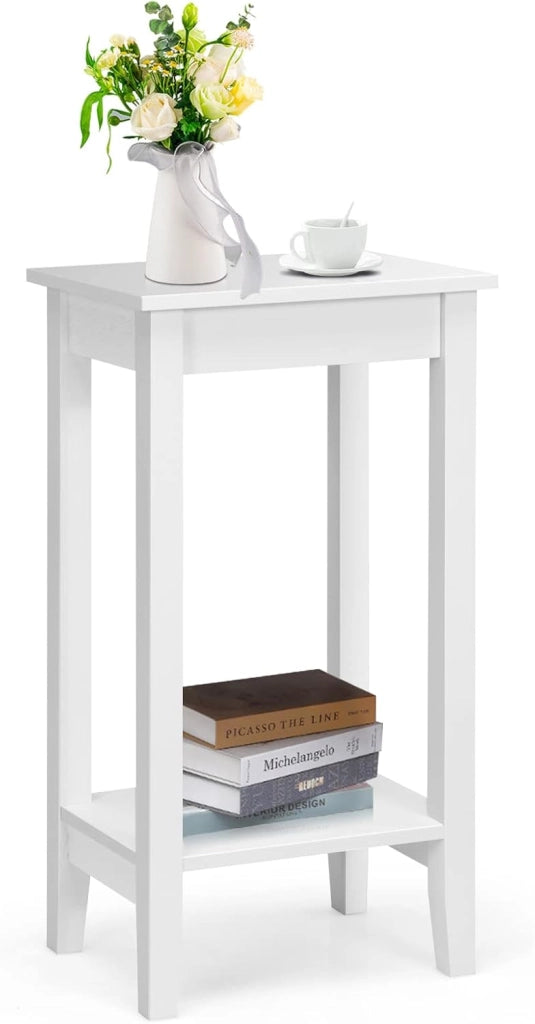 Set di 2 tavolini da divano con scaffale, comodino a 2 livelli, tavolino da salotto, comodino, in legno, rettangolare, semplice, per telefono, per piante, in legno (bianco, set da 2)
