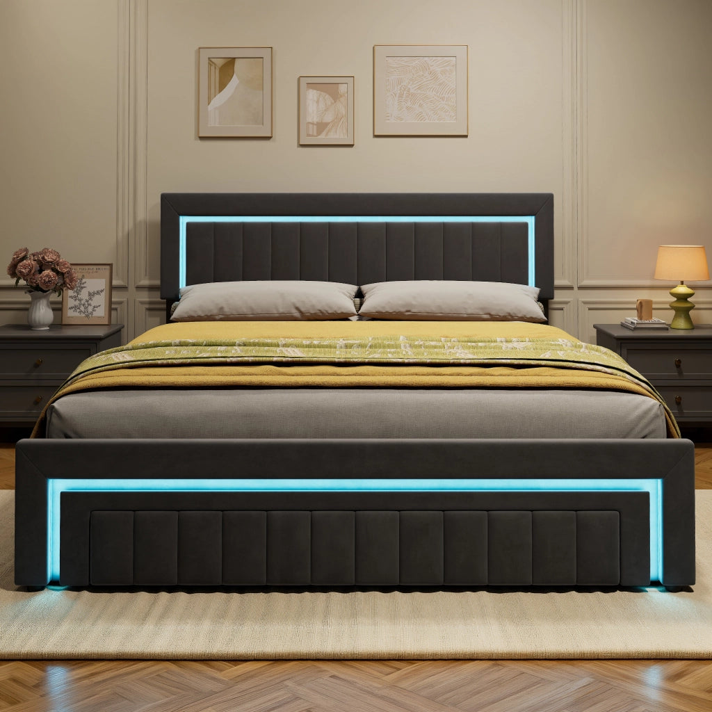 LETTO Imbottito 180x200 cm in Velluto Grigio Scuro con LED e Cassetti