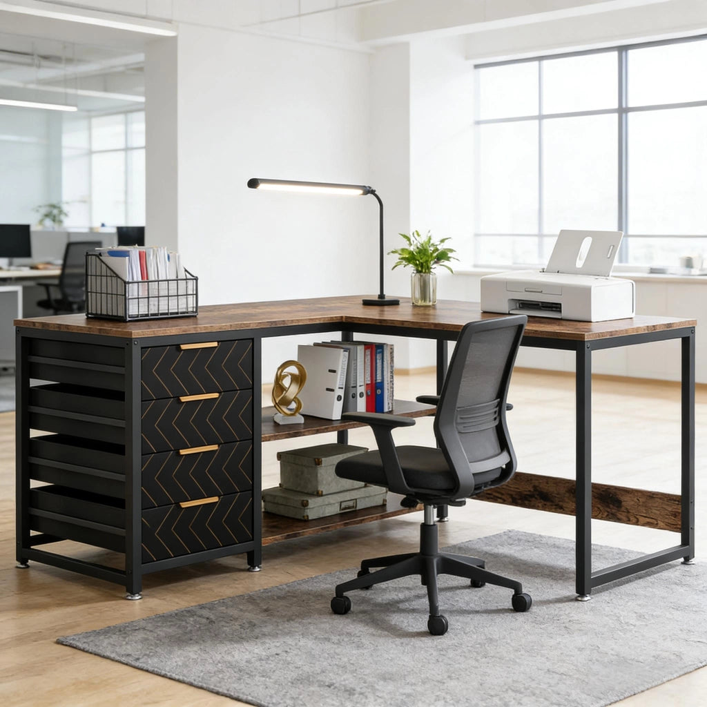 Scrivania angolare reversibile con 2 piani, 4 cassetti e ripiano a 2 livelli