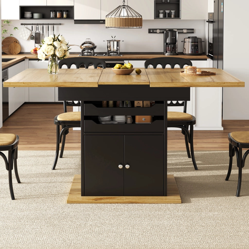 Tavolo da Pranzo per 4 a 6 Persone con 2 Cassetti e 1 Vano Contenitore Allungabile in MDF 110-140x80x76 cm Nero