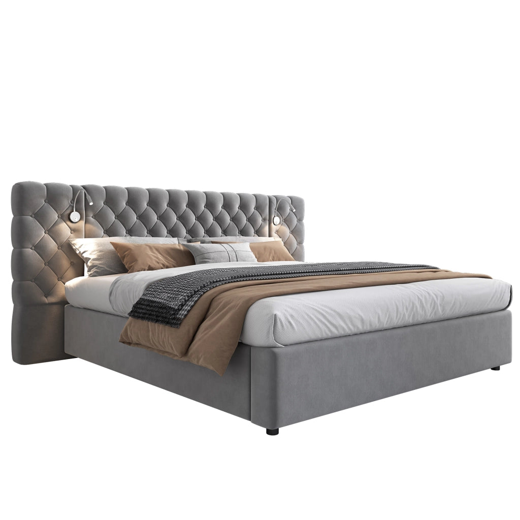 Letto imbottito 160x200 cm in velluto grigio con luce da lettura, contenitore idraulico e rete a doghe in legno