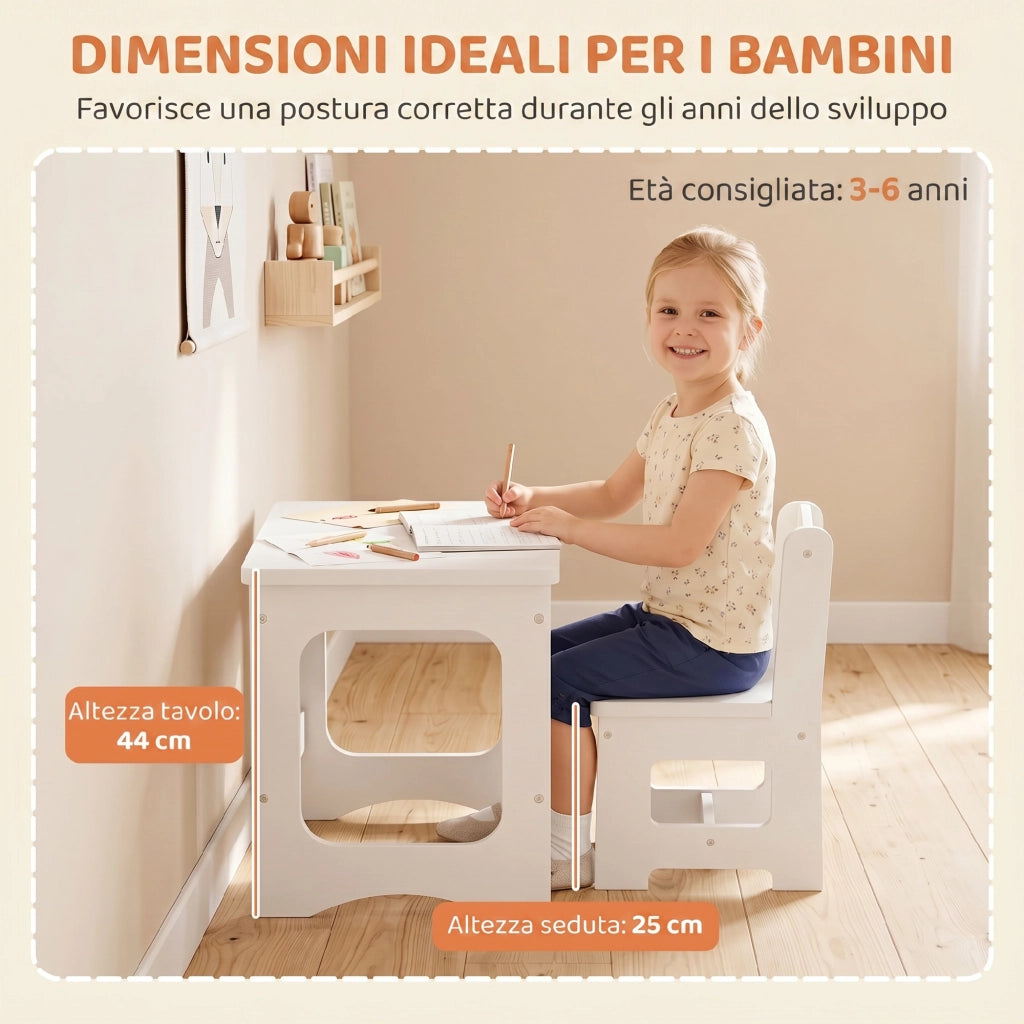 Set Tavolo e Sedia per Bambini 3-6 Anni con Piano Reversibile in Legno Bianco