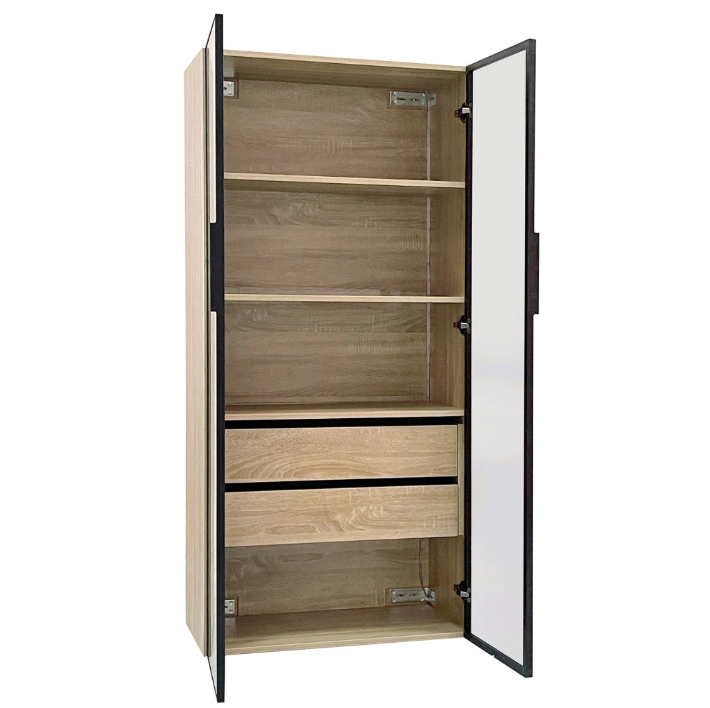 Set di 2 armadi in MDF con LED e vetro satinato naturale