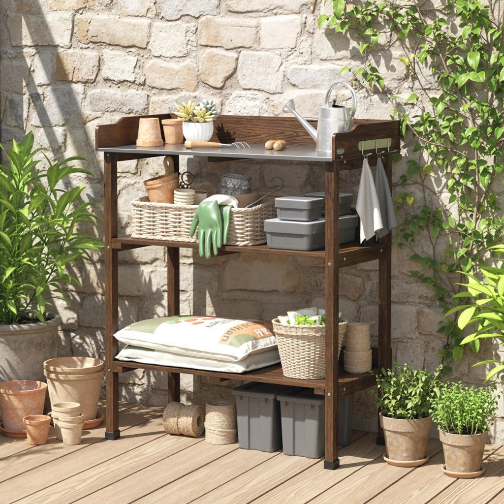 Tavolo da Giardino con Ripiani e Ganchi ¨C Zephmum ¨C Legno e Metallo Carbonizzato 76x37x89 cm