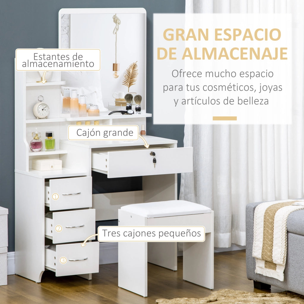 Toilette con Specchio e Sgabello ¨C Xylo ¨C 4 Cassetti Bianco Moderno 80x38x143cm