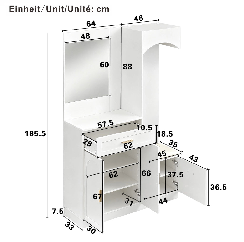 Guardaroba da ingresso 110x33x185.5 cm con scarpiera; specchio e panca bianco