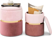Set di 2 Pouf Contenitore in Velluto, Pouf Rotondi Imbottiti da 32L +21L, Sgabelli con Contenitore per Soggiorno, Camera da Letto, Portata 150 kg (Rosa)