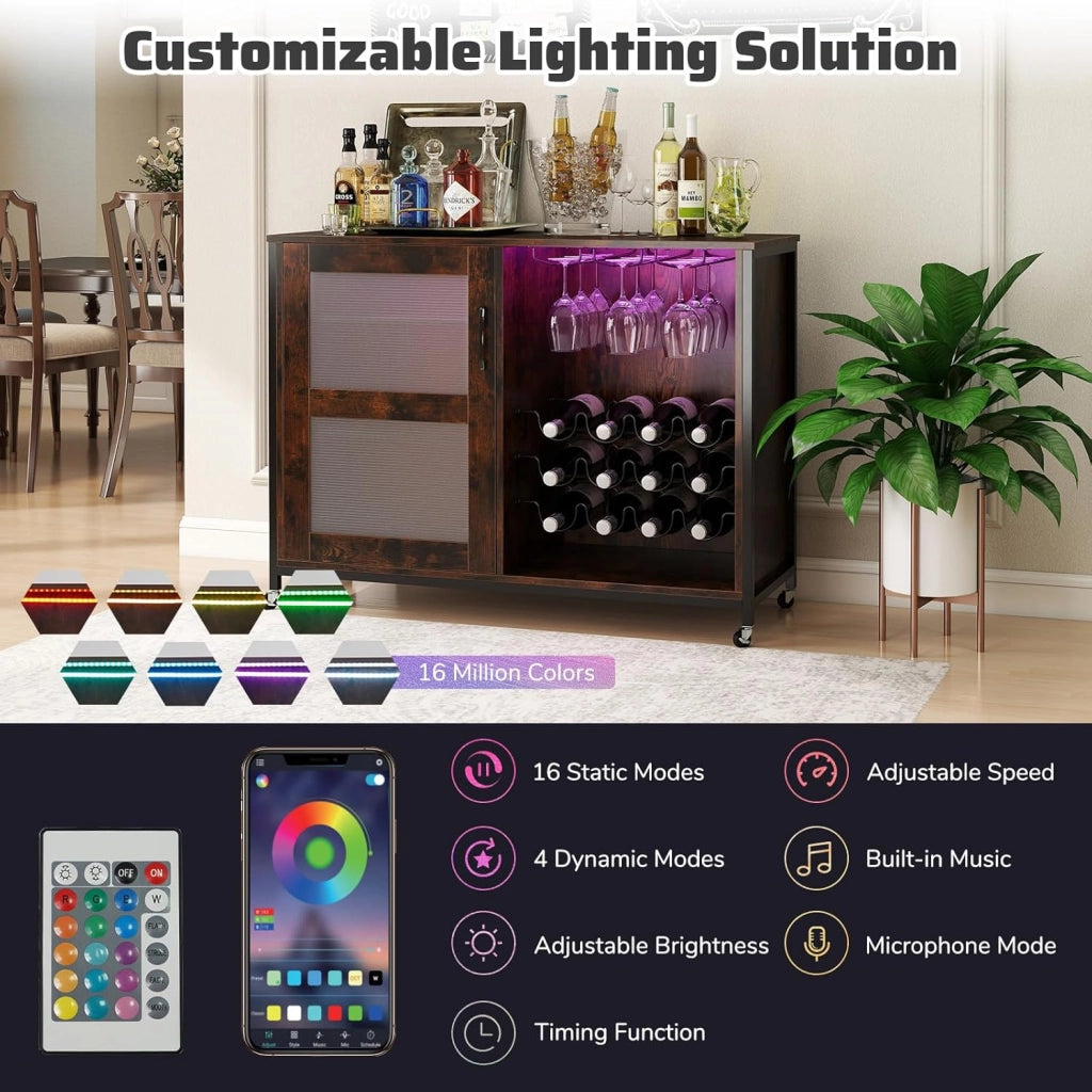 Armadietto per vino con illuminazione, armadio da bar con ruote, armadietto per vino e porta vetro, cucina con ripiani regolabili, credenza industriale