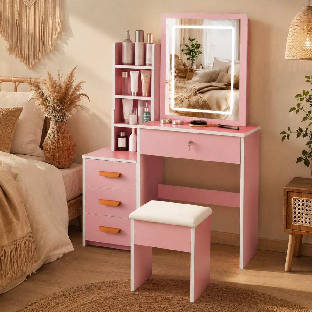 Toeletta con specchio LED e sgabello; 3 modalità di luce; cassetti e ante; MDF rosa
