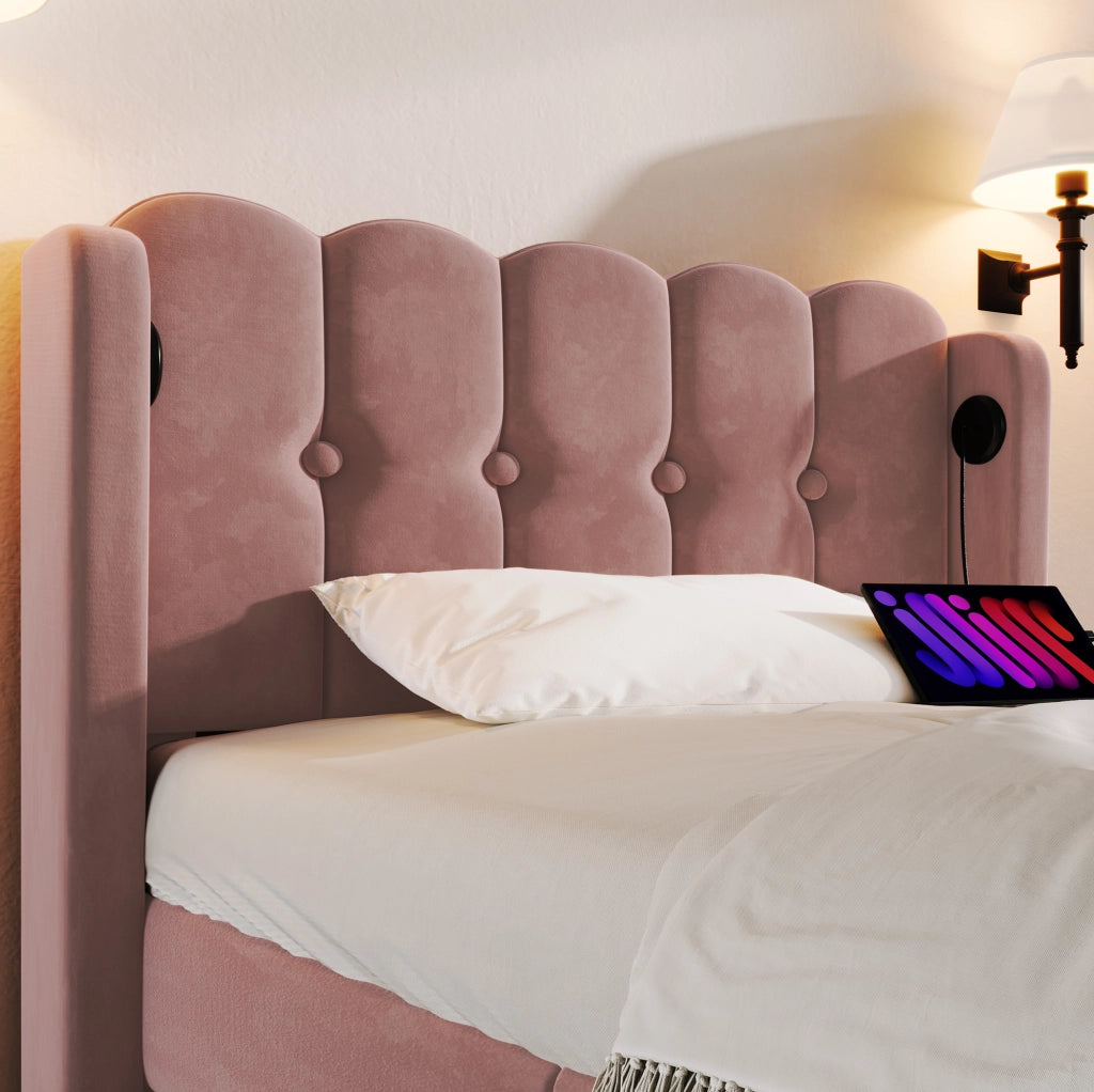 Letto imbottito rosa con ricarica USB e materasso incluso