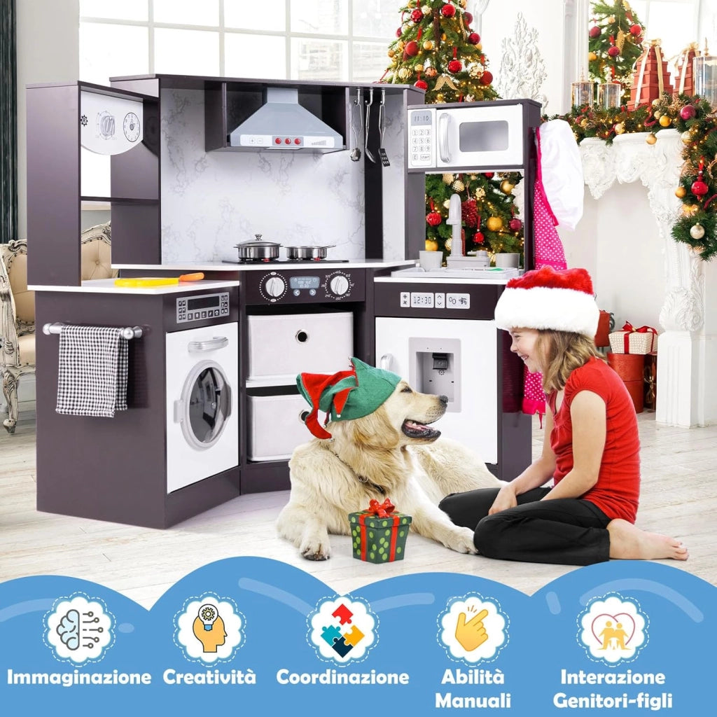 Set di Cucina Giocattolo per Bambini, con Luci e Suoni, Cappa Aspirante illuminata, Fornelli, Forno a Microonde, Distributore d'acqua e Lavatrice, Ideale per Bambini 3 Anni+ (Caffè)