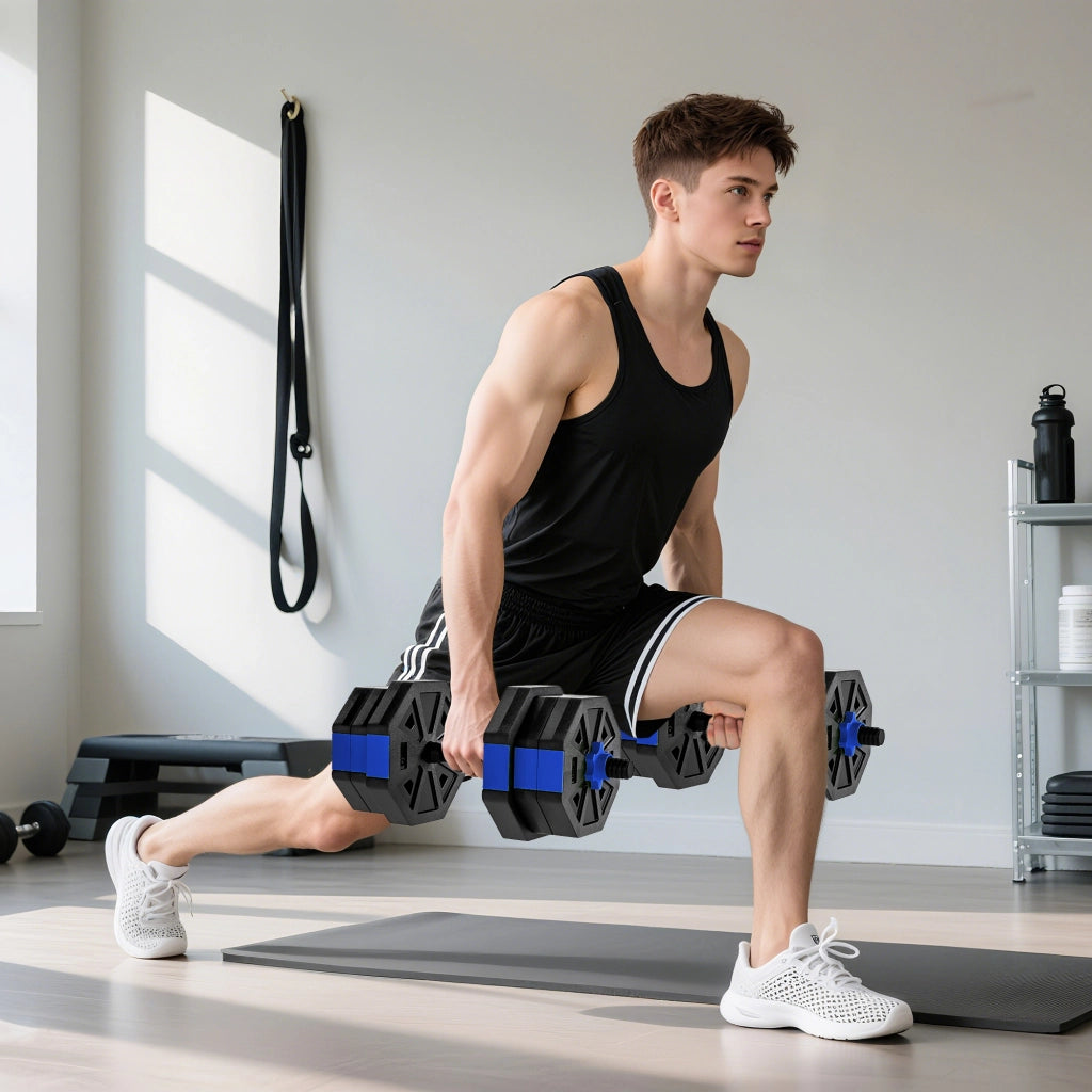 Set di manubri regolabile 6 in 1 20 kg con kettlebell, bilanciere e supporto per push up ¨C zephmum ¨C blu