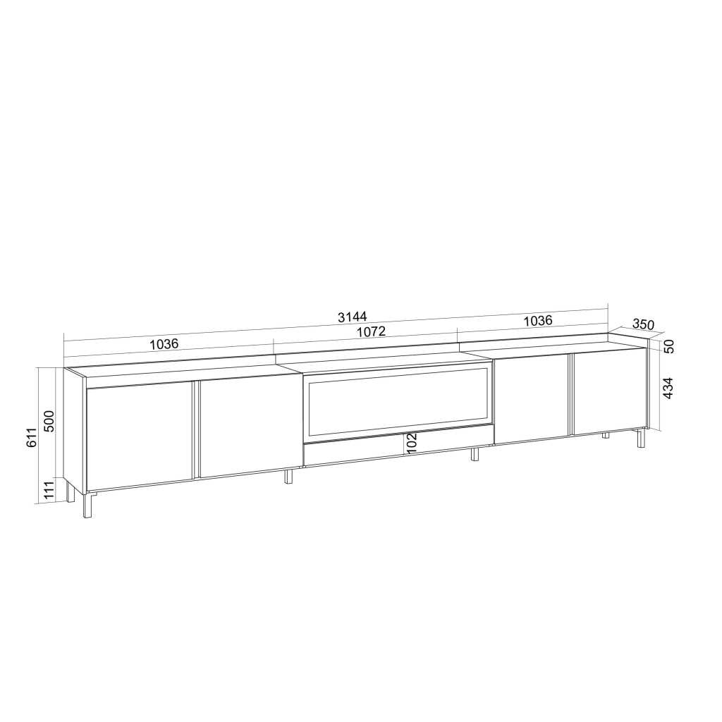 Mobile TV Soggiorno, 315x61x35 cm, Per TV fino a 80", Camino elettrico XXL, Design industriale, Nero e rovere
