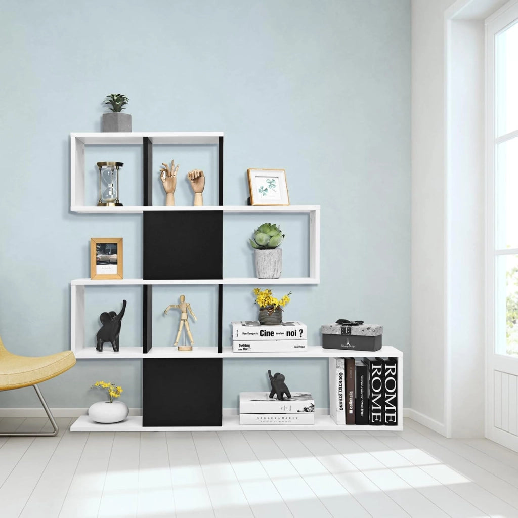 Scaffali portaoggetti a 5 livelli, scaffale minimalista con 12 spazi aperti, scaffale per soggiorno, sala da pranzo o ufficio, 120 x 19,5 x 109 cm (nero+bianco)
