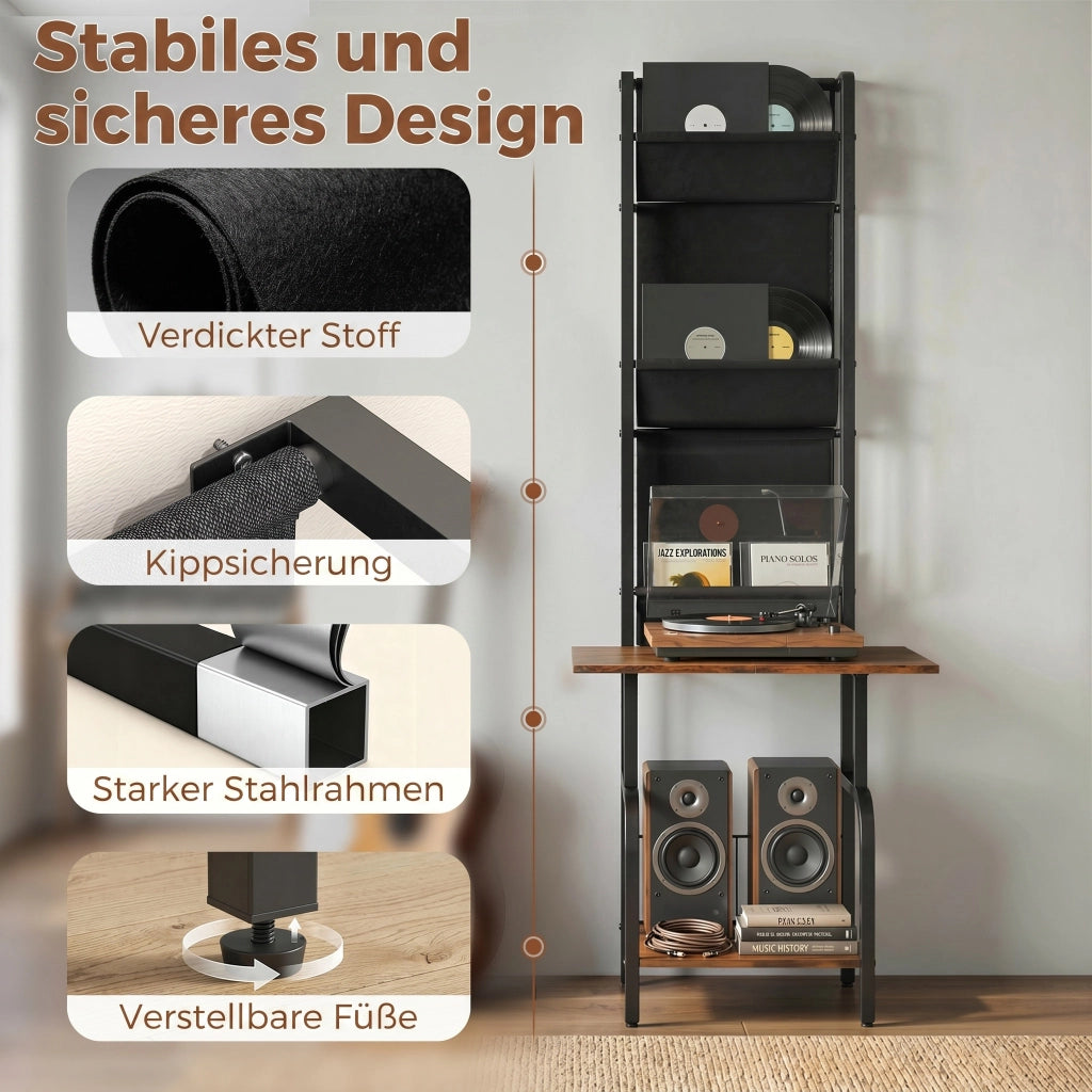 Libreria per CD e DVD con 3 tasche in tessuto e ripiano ¨C zephmum ¨C Legno effetto rustico marrone