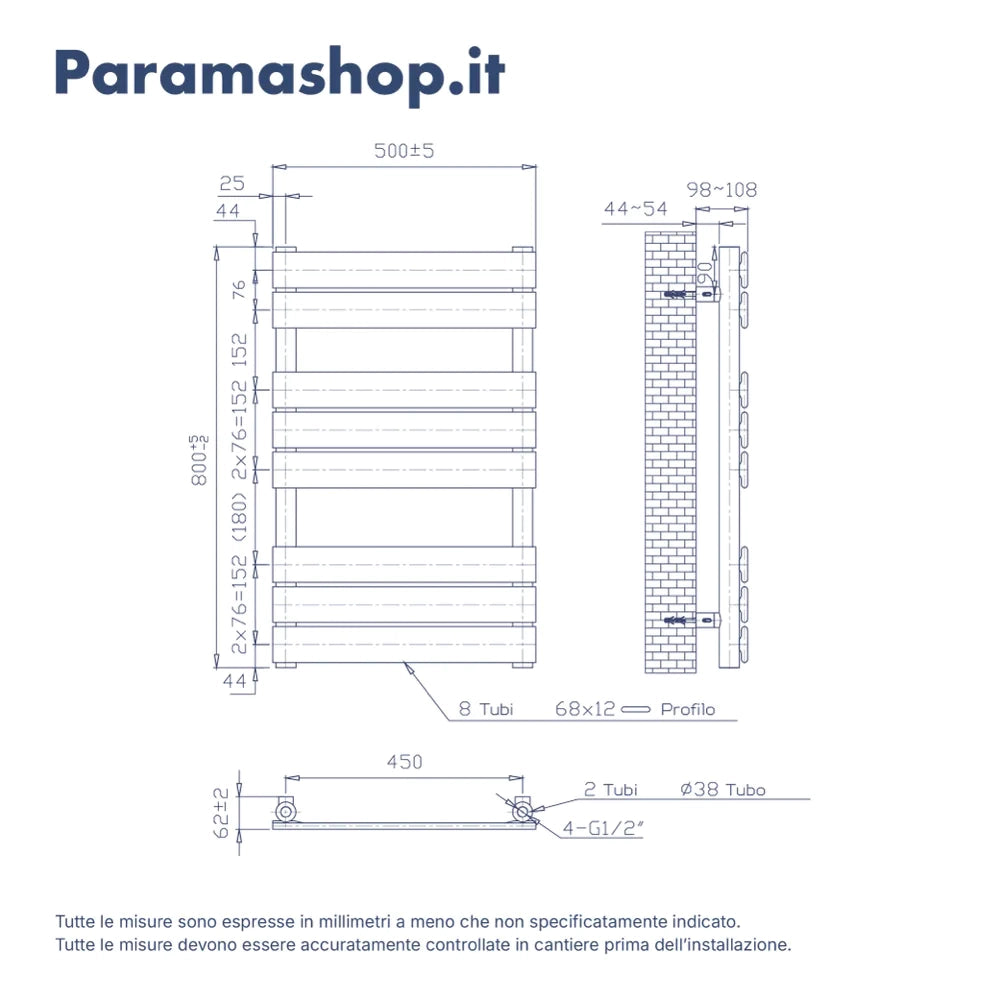 Termoarredo idraulico 800x500 oro rosa interasse 450 | Andromeda