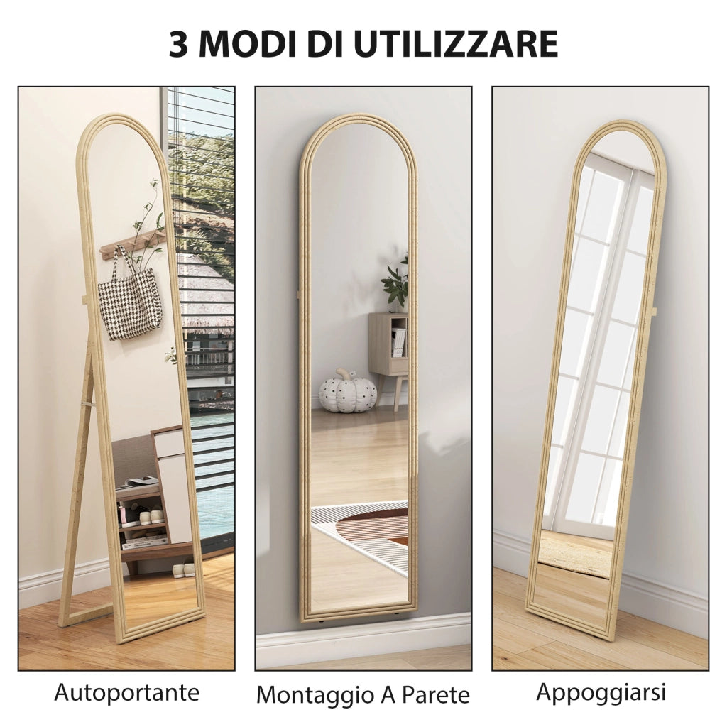 Specchio da Terra e Parete a Figura Intera con Cavalletto. Effetto Pietra e Forma ad Arco. 40x160 cm. Beige