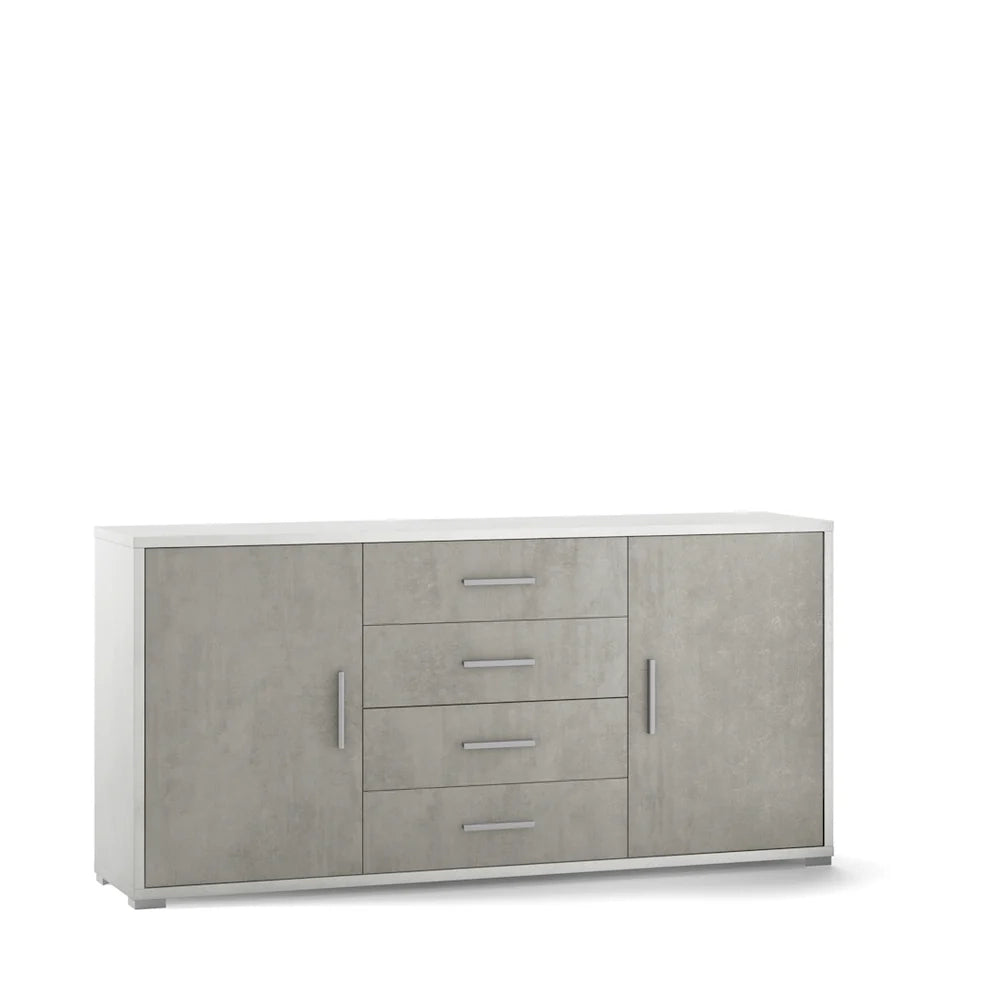 Credenza Mobile 2 ante con 4 cassetti 174x41x84H cm desing moderno in kit di montaggio colore Ossido bianco e Cemento