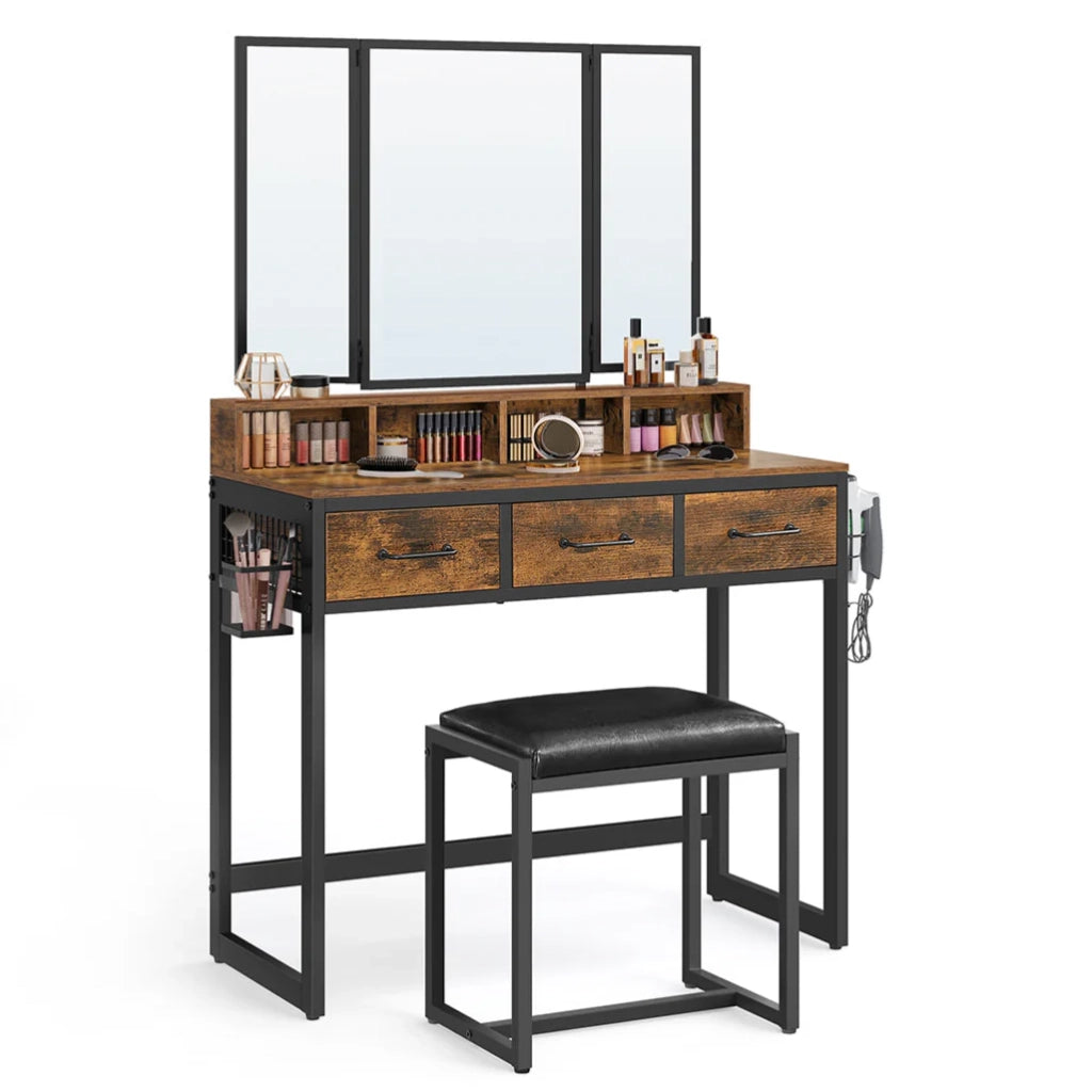 Set da toeletta 90 x 40 x 141 cm con sgabello imbottito specchio triplo 3 cassetti portaphon e contenitore portaoggetti stile industriale marrone 12_0005417