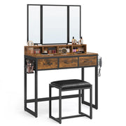 Set da toeletta 90 x 40 x 141 cm con sgabello imbottito specchio triplo 3 cassetti portaphon e contenitore portaoggetti stile industriale marrone 12_0005417