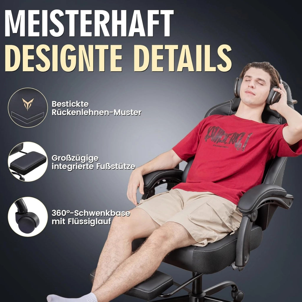 Sedia da gioco, ergonomica, con poggiapiedi, sedia da ufficio, regolabile in altezza, con cuscino lombare, sedia girevole in ecopelle nera
