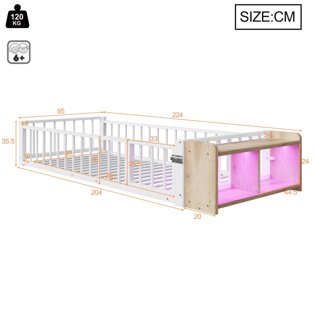 Letto 90x200 cm con sponda; vano portaoggetti e LED in MDF e metallo bianco