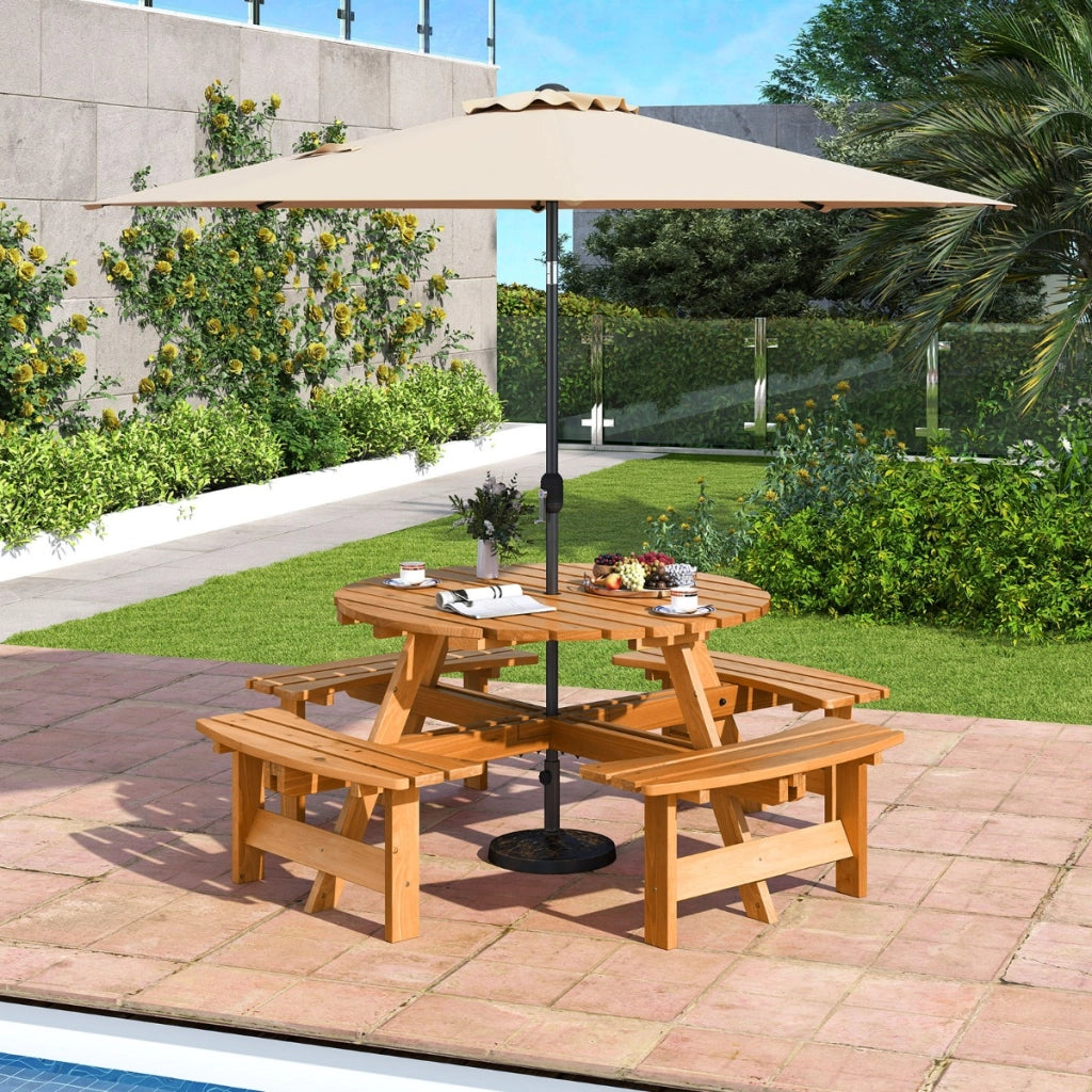 Set tavolo da picnic rotondo per 8 persone, Tavolo da pranzo circolare con 4 panchine Giallo-Tavoli da esterno