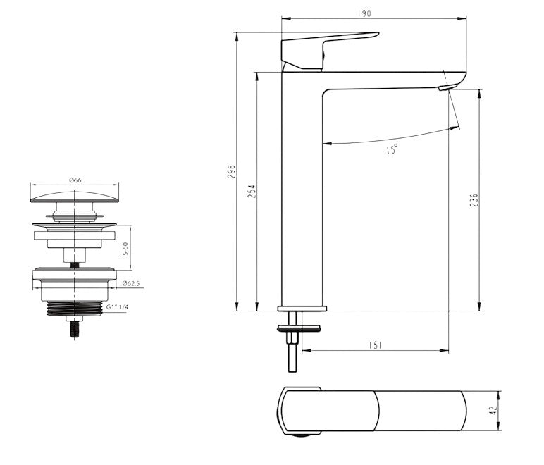 Miscelatore Lavabo Alto Design Minimal Nero Opaco con Piletta Click Clack in Ottone 1”1/4 – Cartuccia Ø35 mm