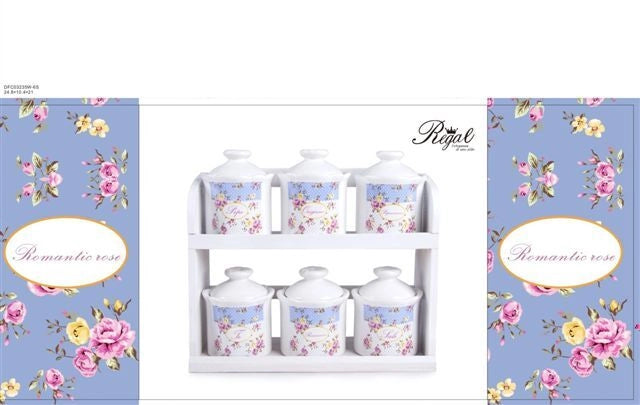 Set 6 Barattoli da Cucina Spezie in Ceramica Romantic Rose + Mensola