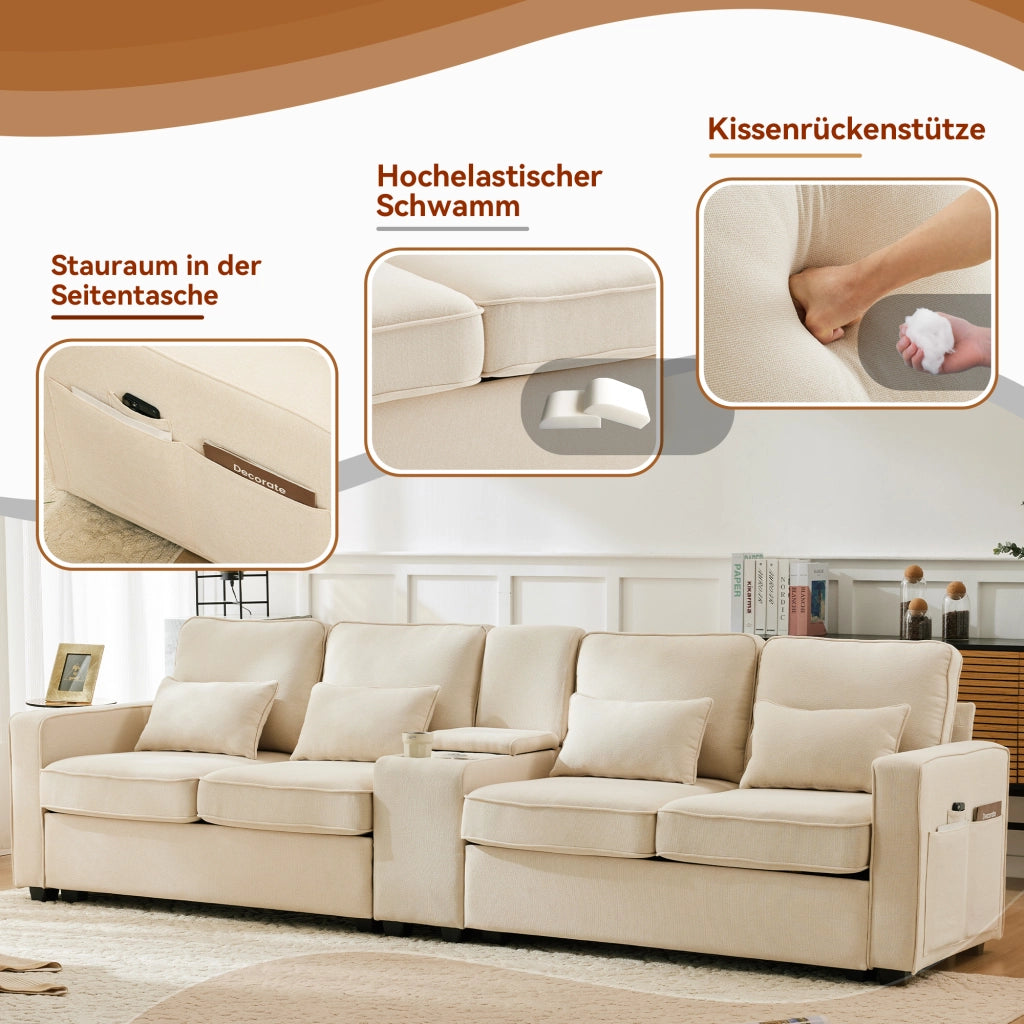 SOFA 4 POSTI CON USB, PORTABICCHIERI, TASCA BRACCIOLI E 4 CUSCINI 290x83x88 cm BEIGE