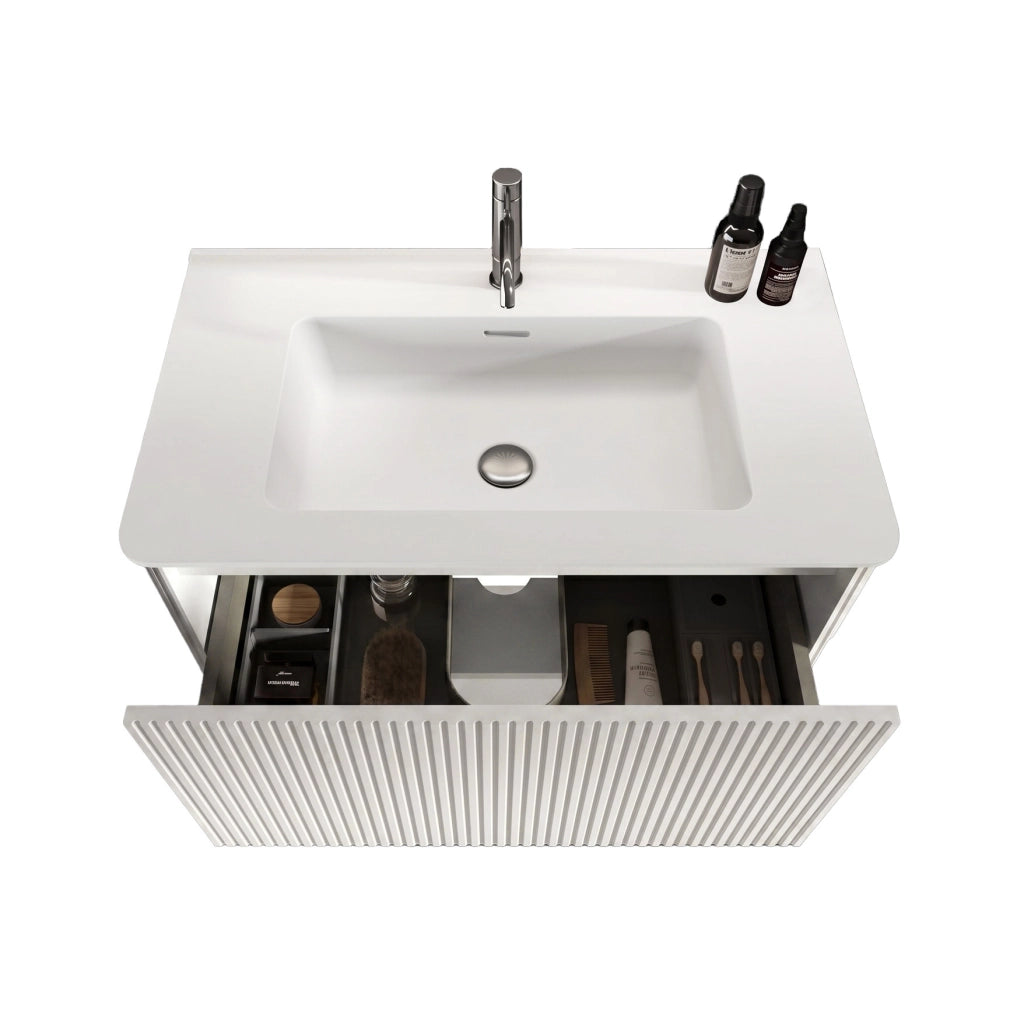 Mobile bagno sospeso 80 cm con lavabo, design scanalato, bianco, preassemblato