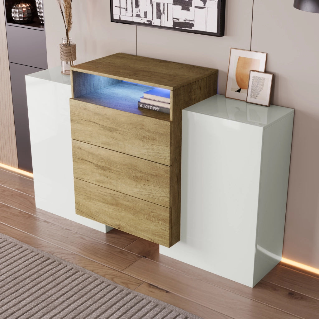 OKWISH Credenza Contenitore con 2 Ante 3 Cassetti 2 Ripiani e 1 Vano, LED, per Soggiorno, MDF, 140 x 30 x 77.5 cm