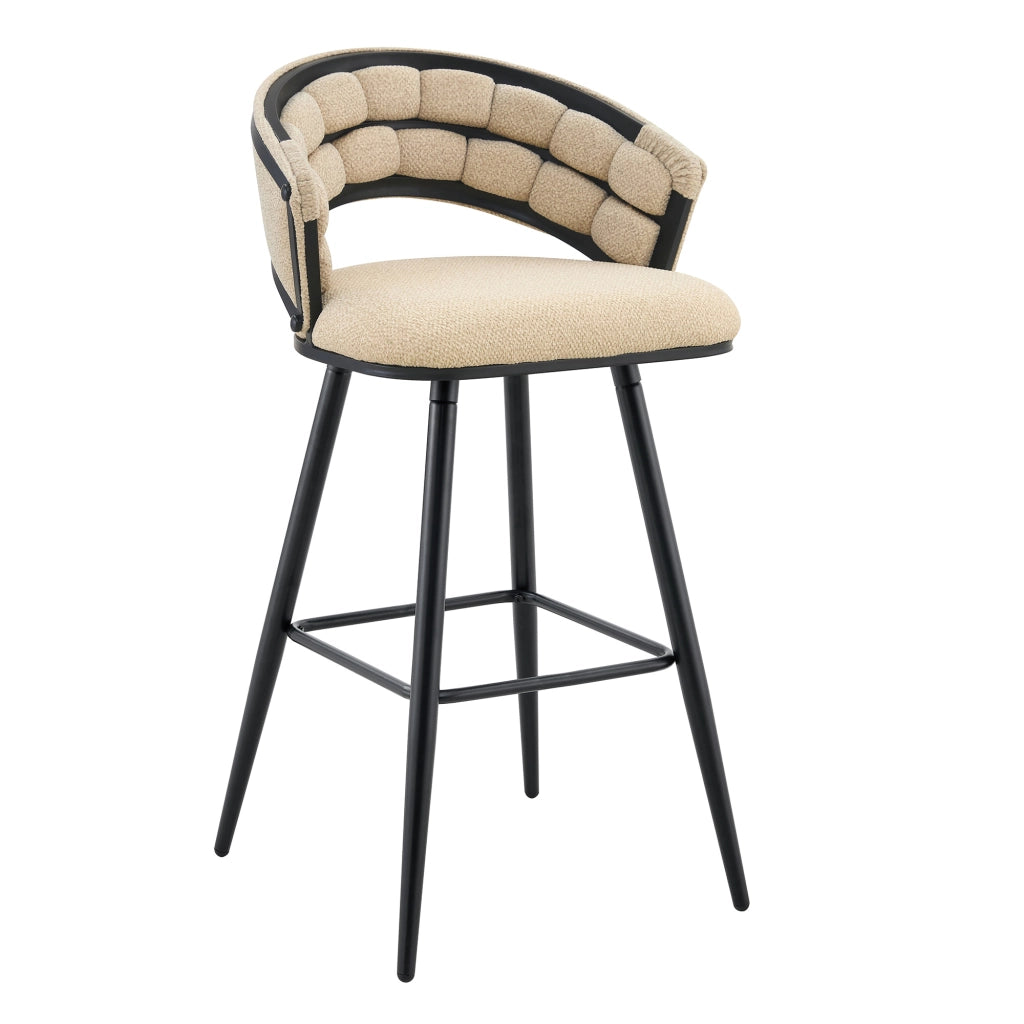 Sgabello da bar in velluto con schienale intrecciato e poggiapiedi, struttura in metallo beige nero 71 × 61 × 37 cm