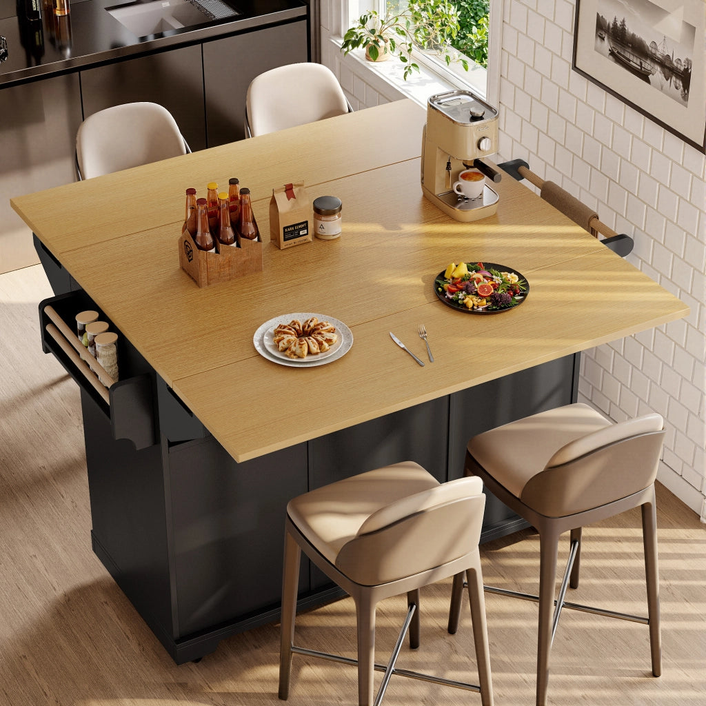Carrello da Cucina con 2 Ante e 3 Cassetti; Piano Pieghevole; in MDF e Metallo; 120x40x95 cm; Nero