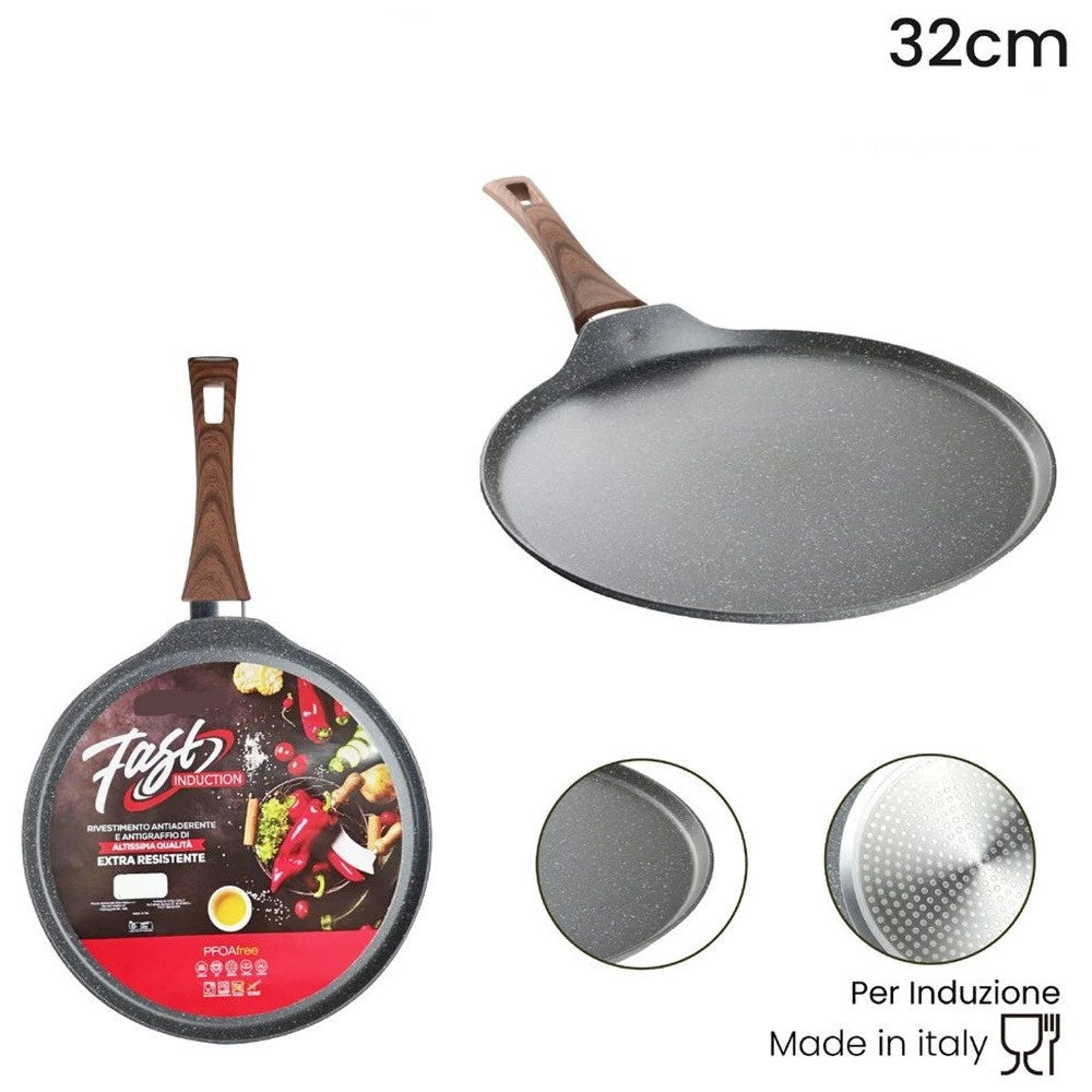 Trade Shop - Padella Piastra Crepiera Antiaderente ø32cm Uovo Fritto Per Induzione Manico Legno 043204m -