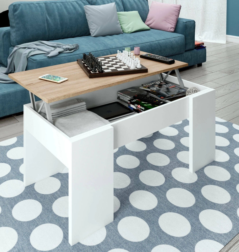 Tavolino da salotto Almas, Tavolino da caffÒ¨ con piano elevabile, Tavolo basso da soggiorno, 100x50h45/56 cm, Bianco e Rovere