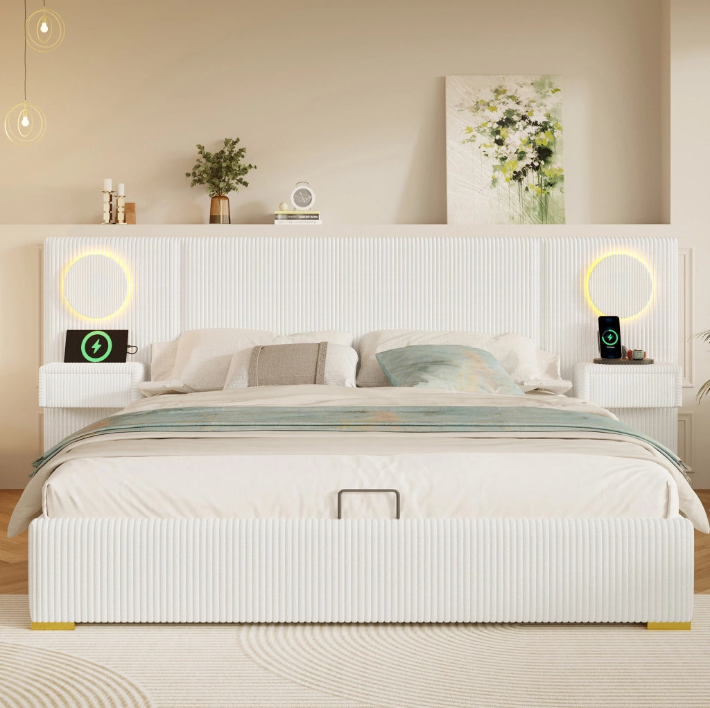 Letto contenitore 180x200 cm in velluto beige con LED e USB