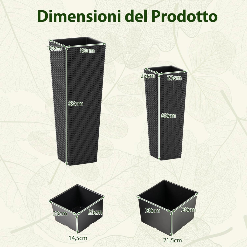 2 Vasi Alti per Piante da Interno ed Esterno, Grandi Fioriere in Rattan con Vassoi Interni Rimovibili, Fori di Drenaggio, Fioriere Decorative per Giardino, Cortile e Balcone (Nero)