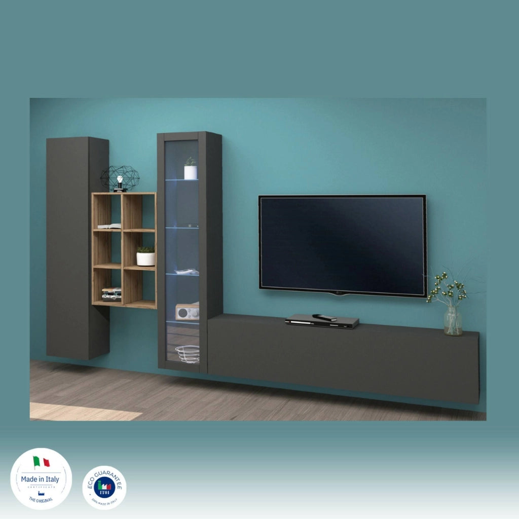 Mobile Soggiorno Ausonia, Parete Attrezzata 15 Ripiani Made in Italy, 320x30x180h cm Nero Antracite