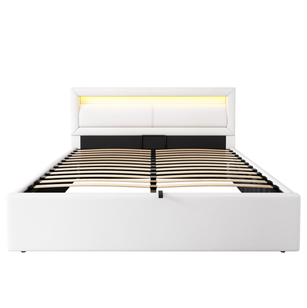 Letto imbottito 140x200 cm con contenitore; rete a doghe e luce LED bianca; bianco in PU
