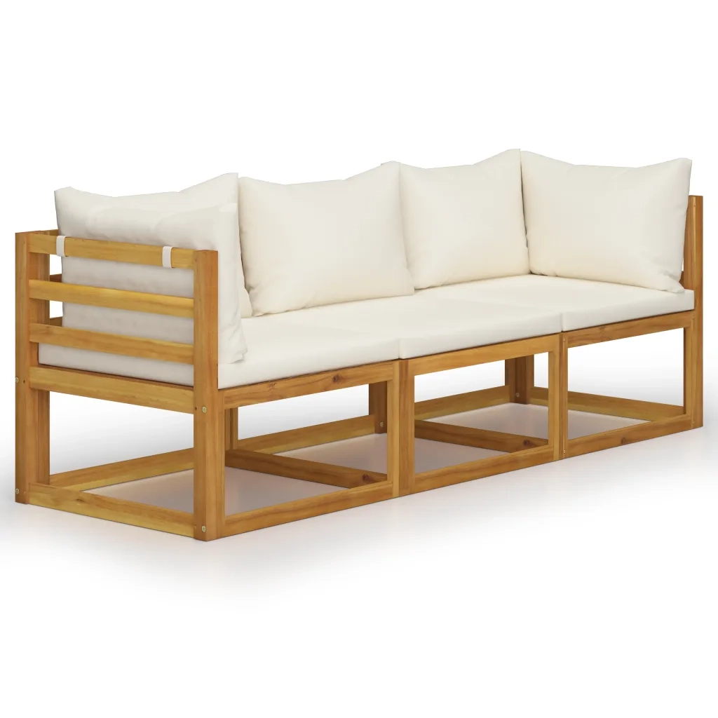 Divano da Giardino a 3 Posti con Cuscino-Sofa da Giardino-Divano da esterno Crema Massello Acacia