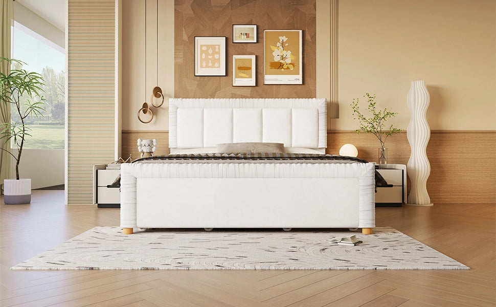 Letto imbottito 140x200 cm in velluto beige con 2 cassetti contenitore