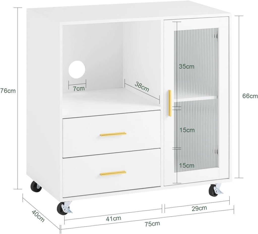 Cassettiera da Ufficio con Ruote, Supporto Stampante, Organizer da Scrivania, Mobiletto Contenitore con 2 Cassetti e 1 Anta in Vetro, Bianco 75x40x76 cm ASK09-W