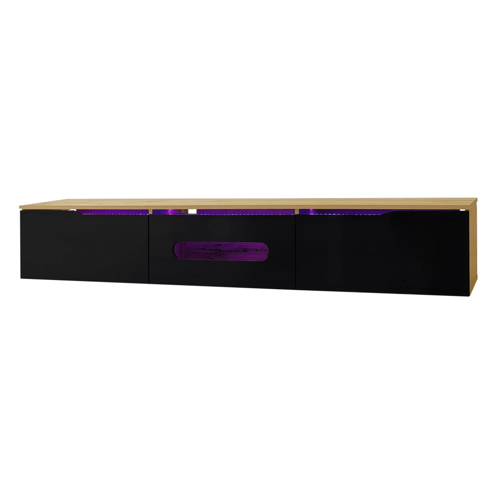 OKWISH Mobile TV con 3 Ante e LED, Montaggio a Terra o Parete, Stile Moderno, per Soggiorno, MDF, Nero e Legno, 180 x 35 x 30 cm