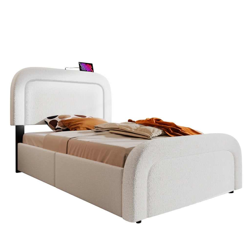 Letto con Cassetti Singolo; USB; Tipo C; LED e 2 Cassetti 90 x 200 cm; senza Materasso; Sherpa Bianco