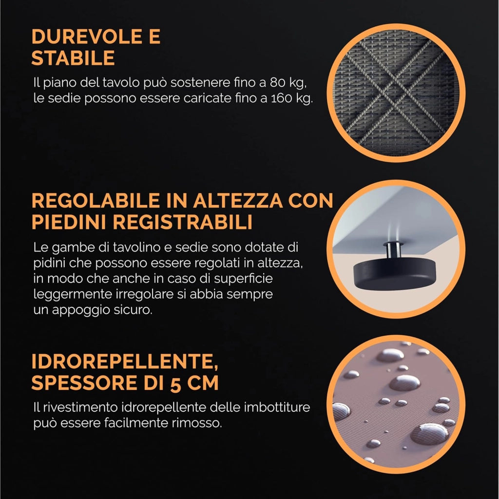 ® Mobili Giardino Polyrattan Robusto Tavolo WPC 160kg 2 Sedie Regolabili Cuscini Terrazza Balcone Lounge Set Tavolino con Poltroncine Esterno
